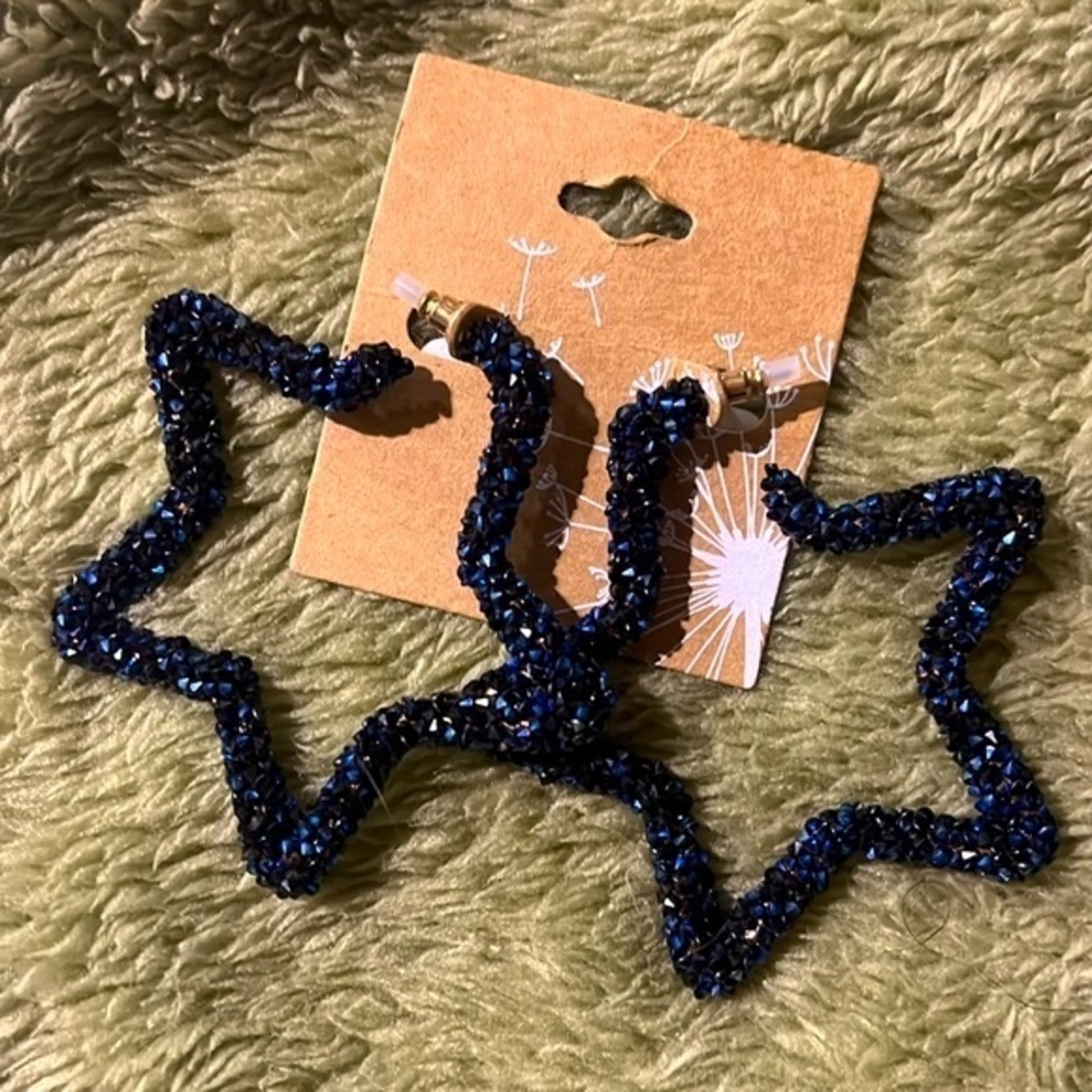 Brand New Beaded Crystal Oversized Star Hoop Earrings Sparkly Rockstar Navy Blue